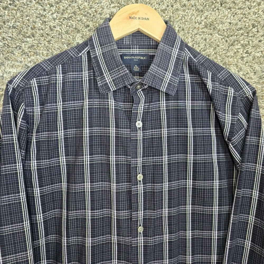 Banana Republic Dress Shirt Mens‎ 15-15.5 Blue Plaid Button Up Cotton Career